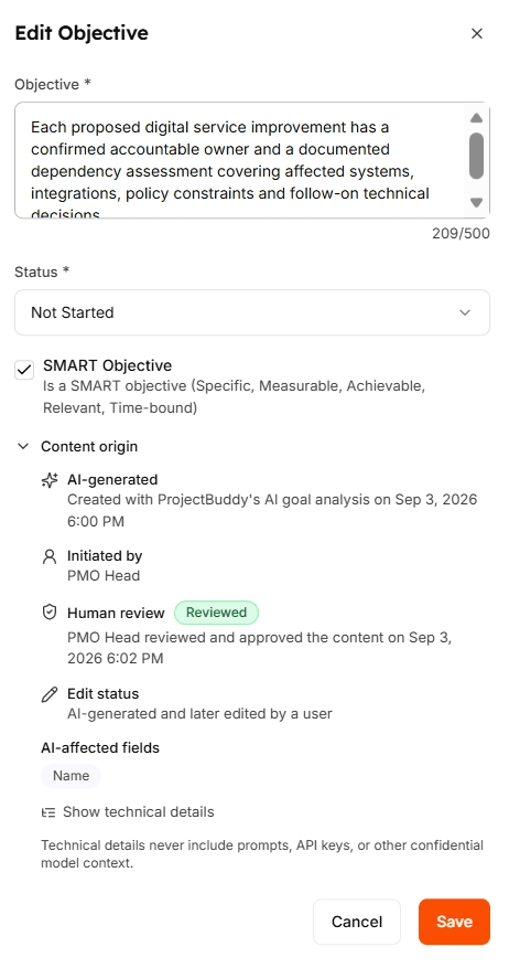 ProjectBuddy content provenance: AI-created goal, who initiated the action, human review and edit status