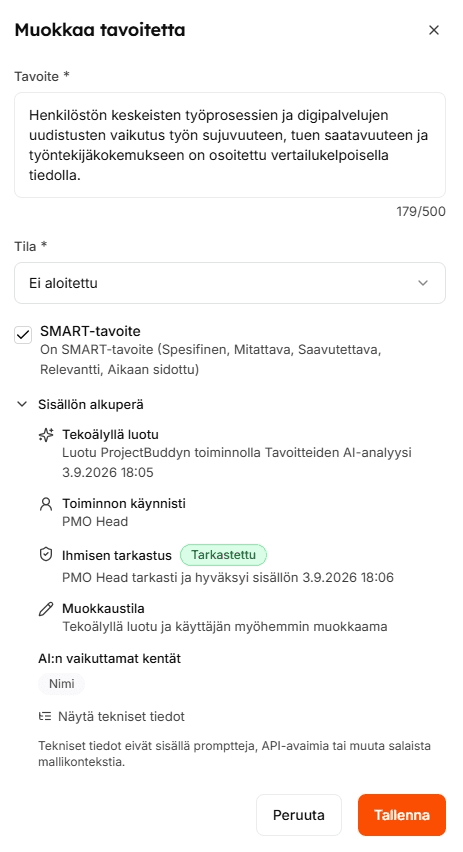 ProjectBuddyn sisällön alkuperä: tekoälyllä luotu tavoite, toiminnon käynnistäjä, ihmisen tarkastus ja muokkaustila