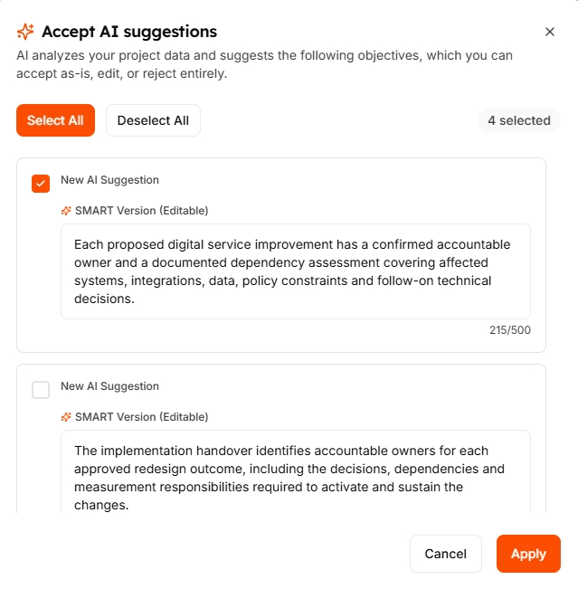 ProjectBuddy AI goal suggestions: the user chooses which AI-proposed SMART goals to apply