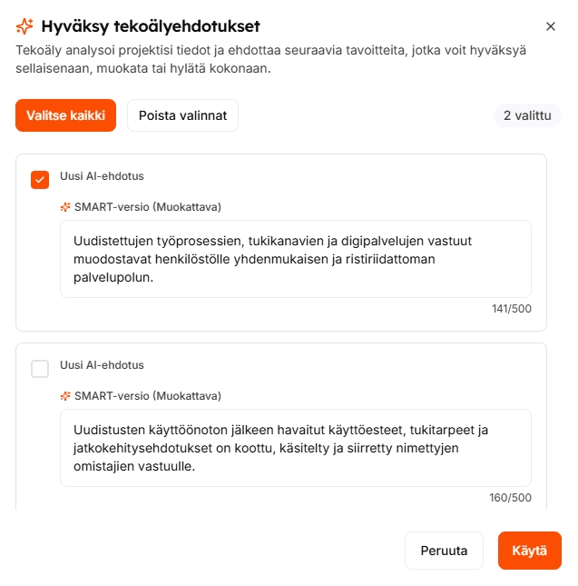 ProjectBuddyn AI-tavoite-ehdotukset: käyttäjä valitsee, mitkä tekoälyn ehdottamat SMART-tavoitteet otetaan käyttöön