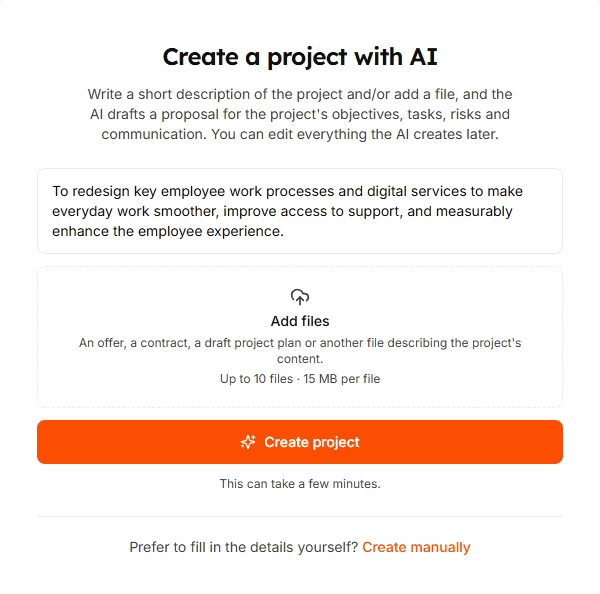 ProjectBuddy: Create a project with AI — provide documents or a single sentence and the AI builds the project structure