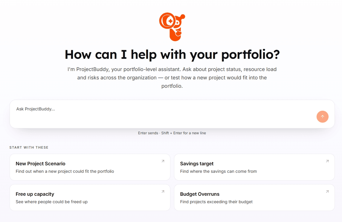 ProjectBuddy portfolio chat: ask about project status, resource load and risks, or test how a new project would fit the portfolio