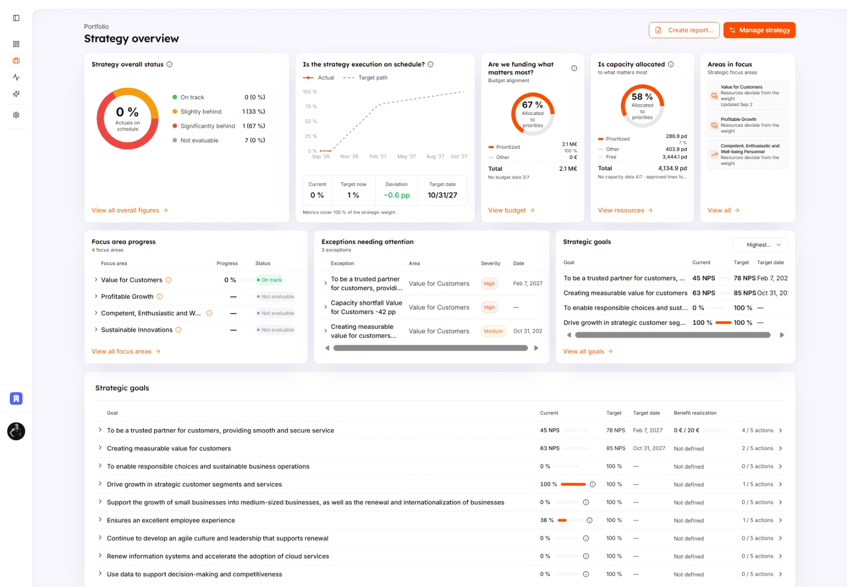 ProjectBuddy strategy overview: overall status, schedule, budget and capacity alignment, focus areas and strategic goals